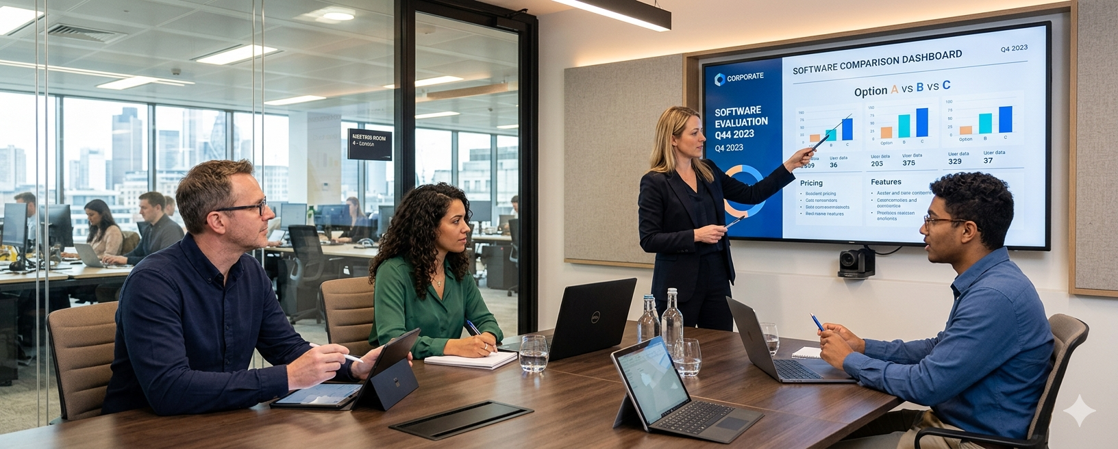 Charity team evaluating grant management software options in a meeting