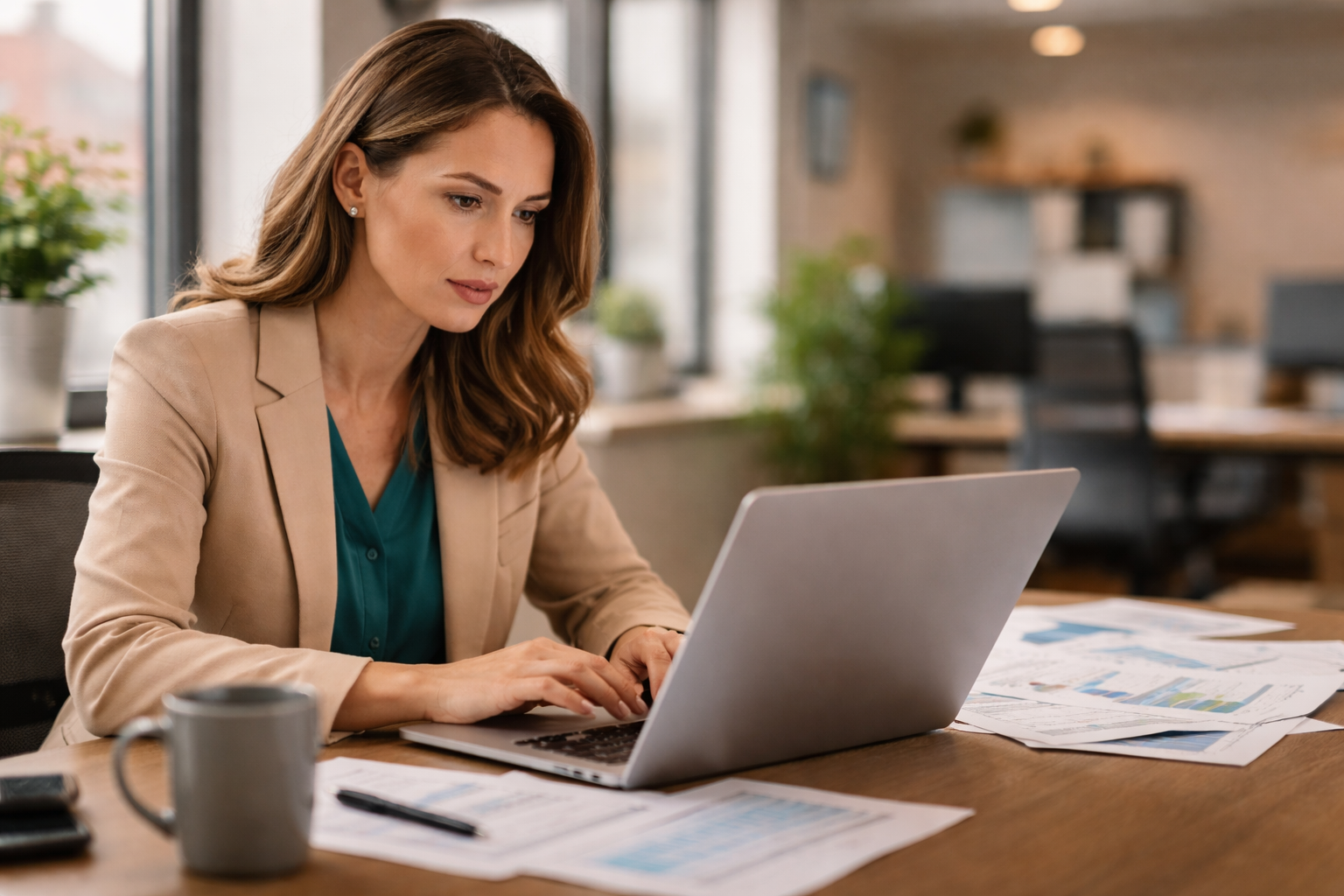 Finance officer reviewing grant compliance documents on a laptop