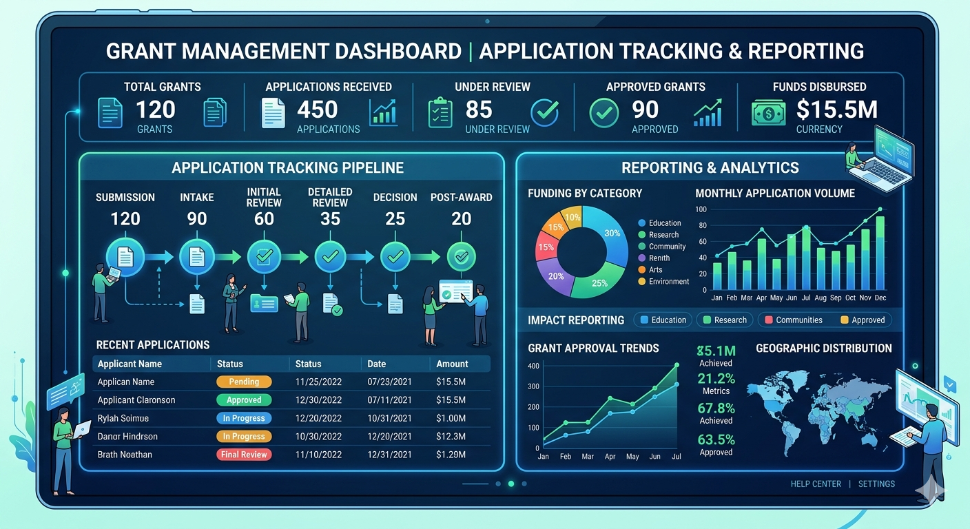 Submit.com grant management dashboard showing application tracking and reporting