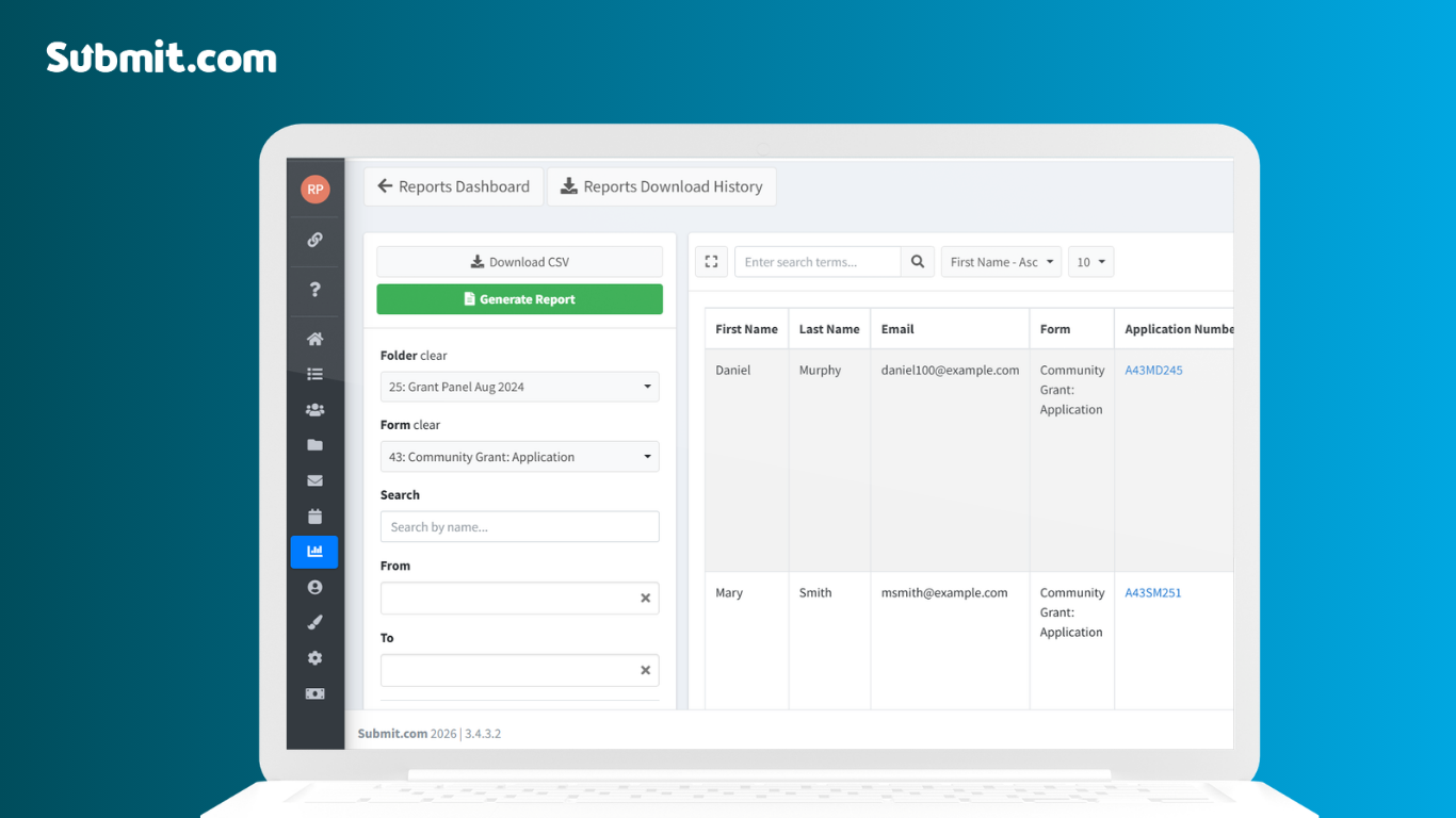 Submit.com grant management software reports dashboard showing applications, reviewers, and grant tracking