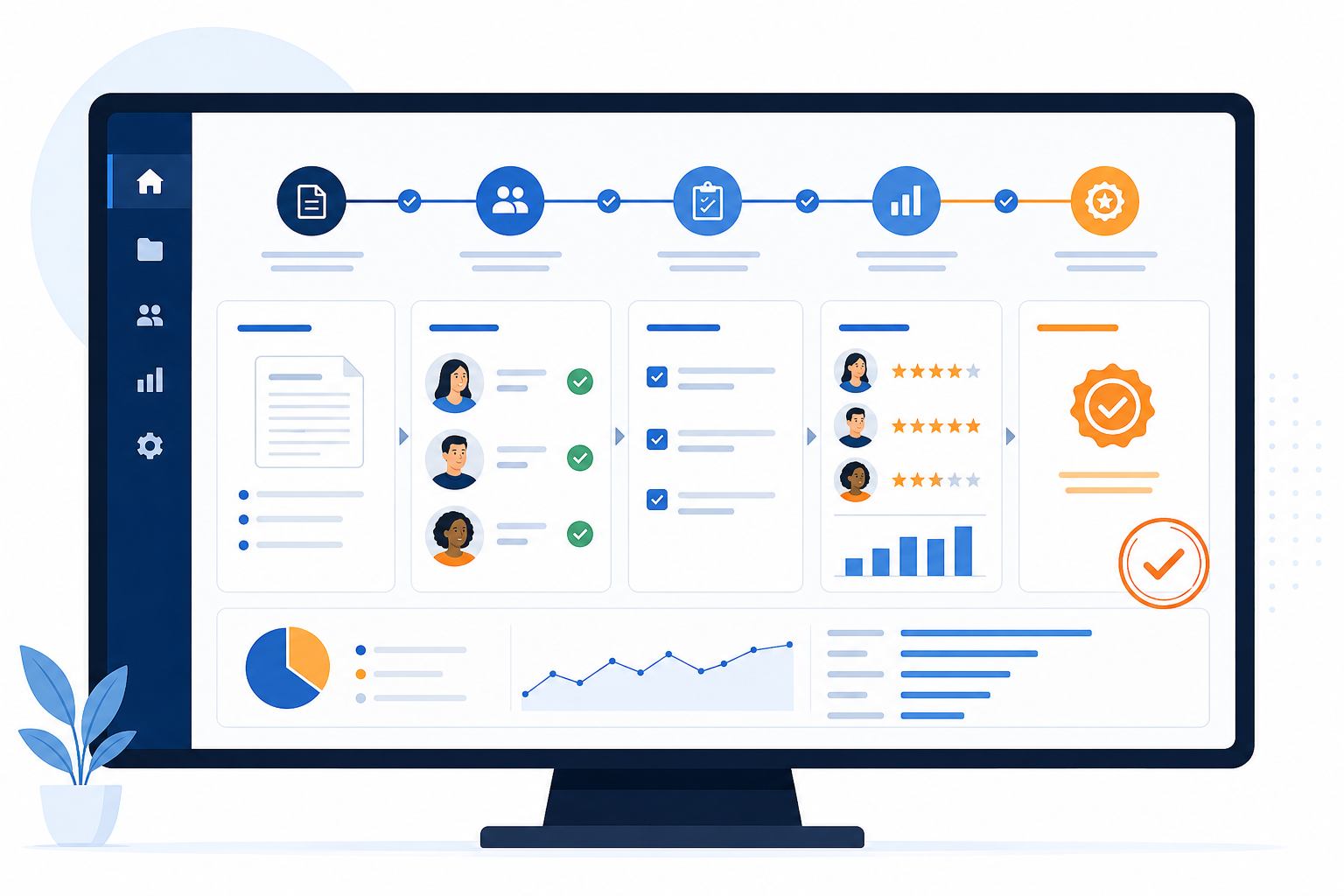 Grant review workflow dashboard showing a step-by-step application pipeline with scoring panels, reviewer stages, and approval checkmarks — illustrated in navy, blue, and orange.